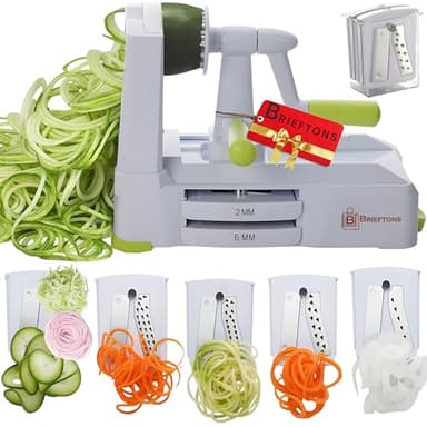 Brieftons 5-Blade Vegetable Spiralizer: Strongest-Heaviest Spiral Slicer, Best Veggie Pasta Spaghetti Maker for Low Carb/Paleo/Gluten-Free/Vegan Meals, with Extra Blade Caddy, 4 Recipe Ebooks
