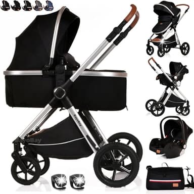Baby Buggy Pram Pushchair Stroller 3 in 1 with Car Seat Carrycot Child Lightweight Folding Stroller Travel System Pram for Newborns & Toddlers from Birth (BBA - Black Silver, BBA)