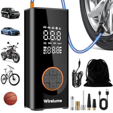 Cordless Tyre Inflator Portable Air Compressor Digital Car Tire Pump DC 12V 150 PSI Electric Air Pump for Vehicle Tyres/Bike/Inflatables with Preset and Auto Shutoff Function/ 4 Nozzles/LED Light