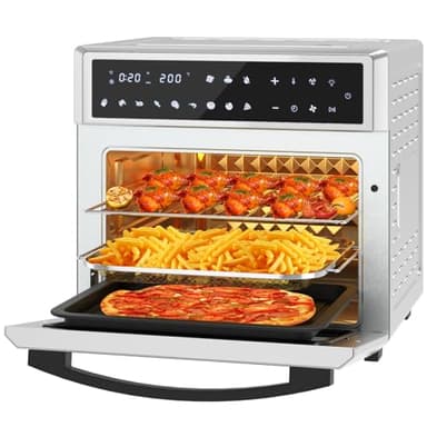 LLIVEKIT 26L Air Fryer Oven with Rotisserie, 12-In-1 LED Display Touch Panel Large XXL Oil Free Electric Oven, Stainless Steel, 1700W-60℃-230℃, 7 Accessories, Silver