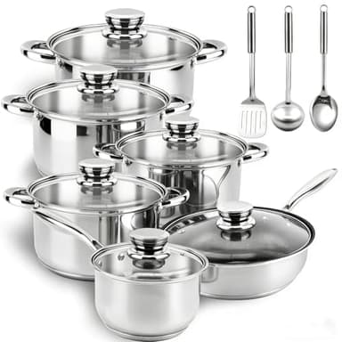 Colourcoco Stainless Steel Pan Set - 15-Piece Non Stick Pots and Pans Set with Quick Even Heating, Non Stick-Free Cookware, Induction Pan Set Oven Safe with Stay-Cool Handle