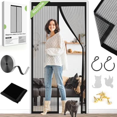 Magnetic Fly Screen Door Curtain - Fly Curtains 90X210cm for Doors with Powerful Magnets and Full Frame Magic Tape, Fly Nets for Doors Without Drilling, Suitable for Patio Doors Balcony Bedroom.