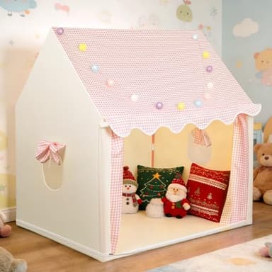 eSynic Kids Indoor Playhouse Tent with Lights & Windows Large Portable Play Tents for Girls Easy Set Up in 10 Mins with Metal Frame Kid Den Toy House Gift for 3-12 years old - 120L x 100W x 130H cm