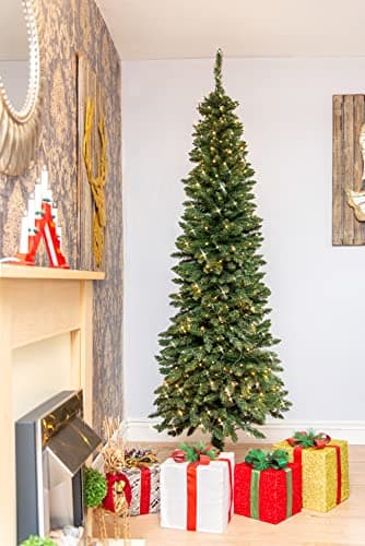 7Ft/2.1m Pre-Lit Artificial Slim Christmas Tree Green Pencil Tree, Pointed Tips, Metal Stand Warm White LEDs Lights Holiday Home Decorations