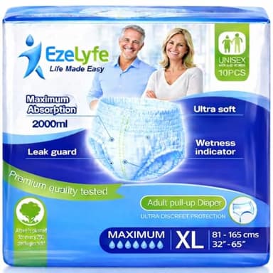 EzeLyfe Premium Adult Incontinence Pants Pull Up Diaper for Men and Women, Maximum Absorption, Ultra Soft, Anti-Leak Security, Breathable (XL (Pack of 10))