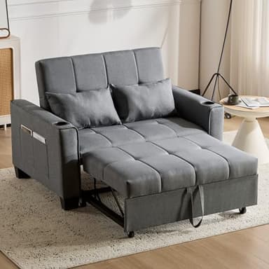 Miyemo 2 Seater Sofa Bed with Cup Holders & Side Pockets, 3 In 1 Convertible Sleeper Bed, Pull Out Sleeper Sofa with Adjustable Backrest, Fabric Sofa Chair for Living Room/Apartment/Small Space, Grey