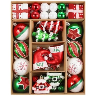 Christmas Baubles, 50 ct Red Green White Assorted Xmas Elements Ornaments, Shatterproof Decorative Hanging Ball Ornaments for Holidays Party Wedding Christmas Tree Decoration