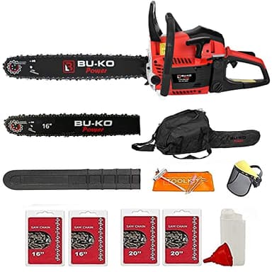 BU-KO 65cc Petrol Chainsaw 3.89HP 20" Bar with 2 Chains and 16" Bar with 2 Chains - Cover Bag and Full Safety Gear