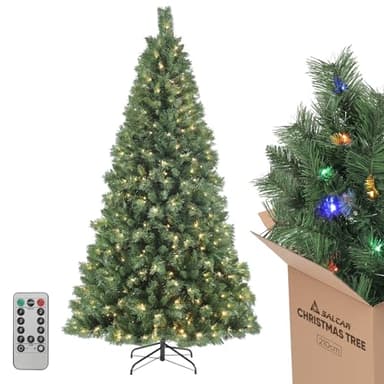 SALCAR 7ft Pre-lit Artificial Christmas Tree with Remote Control, 9 Lighting Modes, 868 PVC Tips, 210 cm Spruce Pine Xmas Tree with 380 Warm White & Multicolor LED Fairy Lights