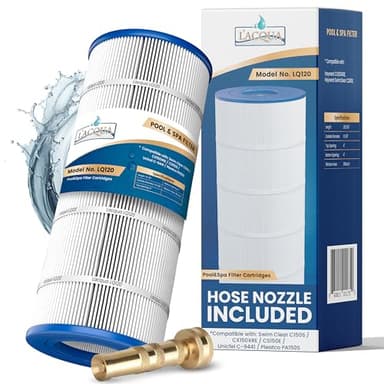 LACQUA Pool Filter Cartridge LQ120 120 SqF for Hayward C1200, CX1200RE, Pleatco PA120, PA120-EC, Unicel C-8412, Filbur FC-1293, Clearwater II 125, Waterway PCCF-125. Hose Nozzle Included