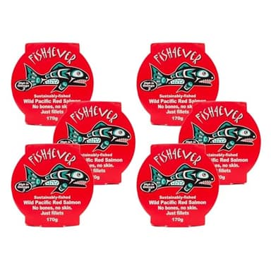 Fish 4 Ever | Red Pacific Wild Salmon In Brine Filleted - Sustainably Fished. Tin Canned Food Rich In Omega-3. Great Used In Pasta Salad, Noodle Dishes, Sandwich Filler And More |170g (Pack of 6)
