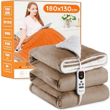 Mia&Coco Electric Heated Blanket Throw Flannel Sherpa Fast Heating 180x130cm, 10 Heat Levels & Up-to-9-Hours Auto-Off Timer & LED Display, for Home Office Use, Machine Washable, ETL Certified, Khaki
