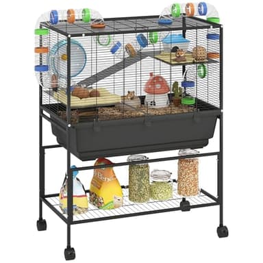 PawHut Rat Cage on Wheels, 3 Tier Large Hamster Cage with 17 cm Deep Tray, Storage Shelf, Big Exercise Wheel, Tube System, Hut, Platforms, Ramps, Water Bottle, Food Dish, for Syrian Hamsters, Rats