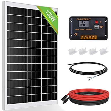 ECO-WORTHY 120W 12V Solar Panel Kit 0.5kWh/Day Off-Grid Kit for Motorhome Campervan Boat Camping:120W Mono Solar Panel + 30A PWM Solar Charge Controller + Z Brackets+ Solar Extension Cables