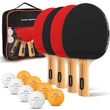PRO-SPIN Table Tennis Bats - High-Performance Set with Premium Table Tennis Rackets, 3-Star Ping Pong Balls, Compact Storage Case | Professional Quality Ping Pong Paddle Set (Red, 4-Player Set)