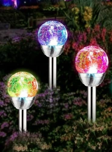 Solarize® 3 Pack Solar Lights Outdoor, Cracked Glass Ball LED Solar Garden Border Lights, White or Color Changing Function Decorative Landscape Lighting Patio Pathway Lawn Ice Orb Marker Stake Globe
