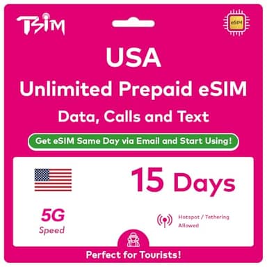 USA eSIM 15 Days. Unlimited High-Speed Data, Local Calls & Texts on T-Mobile Network (Hawaii Included). No Need to Wait for Package!. Get eSIM Same Day via Email and Start Using Immediately !