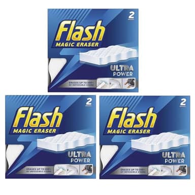 6 x Flash Magic Eraser Ultra Power -No Chemicals Needed - Removes Scuffs, Crayon, Grease and Grimes (Pack of 3)