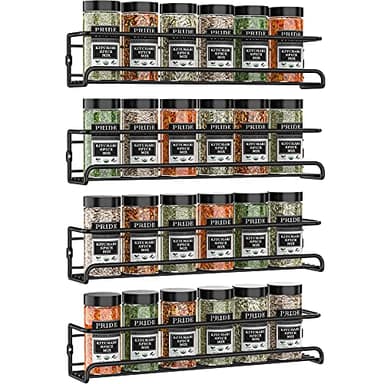 Spice Racks Organiser - 4 Tier Hanging Stainless Steel Wall Mounted with Adhesive Stickers & Screws Kitchen Pantry Shelf for Spices and Condiments, Jars (Black)