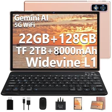 2026 Tablet 10 Inch Android with Gemini AI, 22GB RAM+128GB ROM(TF 2TB), GMS, 8000mAh, Octa Core 2.0GHz, 5G WiFi, Widevine L1, FHD, 8+5MP, GPS | BT5.0 | Face lD, Tablet with Keyboard & Mouse, Rose Gold
