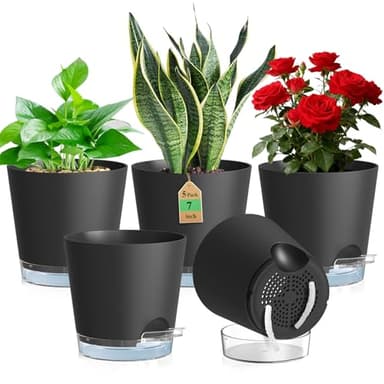 WSMKSZ 20 cm Self Watering Plant Pots Indoor, 5 Pack Thick Plastic Flower Pots with Clear Reservoir, Visible Water Level and Drainage Holes, Medium Planter Pots with Cotton Wick for Outdoor, Black