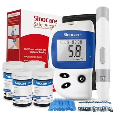 Blood Sugar Monitor, Sinocare Safe Accu2 Blood Sugar Test Kit with 100 Test Strips, 100 Lans, Light Indicator, No Coding, Easy to Use, Diabetes Testing Kit Home Use UK, mmol/L