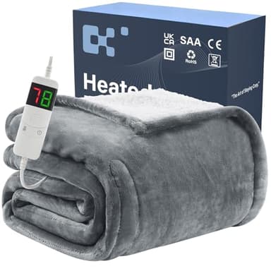 BOMOVA Electric Heated Blanket Single Throw (130x160cm,Grey)-Flannels Fleece Winter Warm Blanket,10-Level Heating & 5 Auto Timer,Cozy Sofa Throw for Home Office,Xmas House Warming New Home Gifts