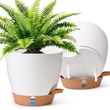 T4U 20cm Self Watering Plant Pots Indoor 2 Pack, Water Level Indicator & Deep Reservoir, Mess-Free Planters for Busy Homes and Beginners, Suitable for Pothos and Snake, Sheltered Outdoor Use(White)