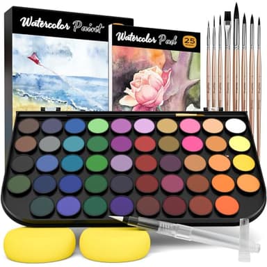 Nicpro 13 pcs Watercolour Paint Set, 48 Water Colors Kit with 8 Painting Brushes, Palette, Watercolour Pen, 25 Art Pad Paper, 2 Art Sponges, Non-toxic Painting Supplies for Adults, Beginners, Artists