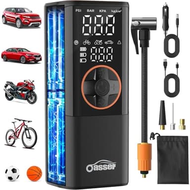 Oasser Tyre Inflator Air Compressor for Car Tires 150PSI, 6000mAh & DC 3M Car Cigarette Lighter Portable Car Tyre Pumpwith Dual Display, Auto Shut-Off,Storage Bag for Cars, Motorcycle,Bikes