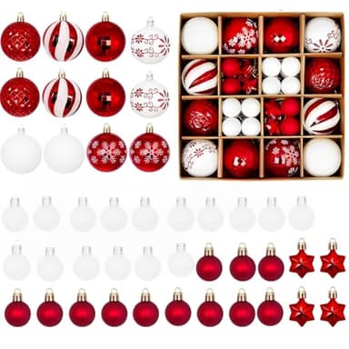 44 Pcs Sparkling Red & White Christmas Tree Decorations - Festive Hanging Baubles for Xmas Trees