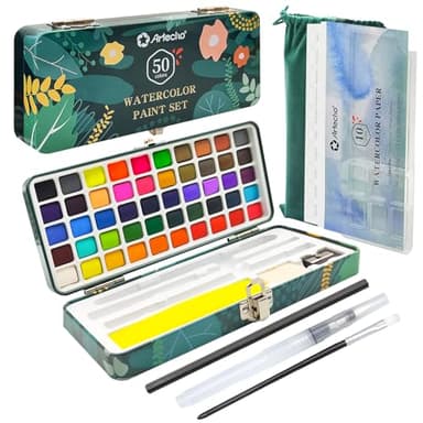 Artecho Watercolour Paint Set 50 Colors in Portable Box Including 4 Fluorescent Colors, Travel Watercolour Set with Water colour Papers, Brushes and other Tools, Idea for Artists and Hobbyists
