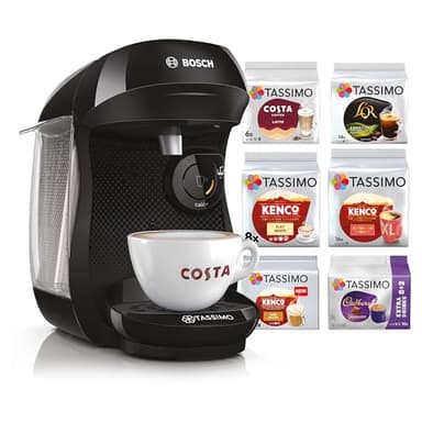 Tassimo by Bosch Happy Friendly Pod Coffee Machine with 70 Drinks Value Starter Bundle, TAS102EGBC - Black