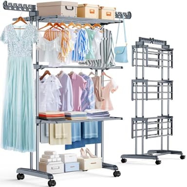 PurKeep Thicken & Durable Clothes Airer, Extra Large 4-Tier Capacity Foldable Clothes Drying Rack with Wheels, Stainless Steel Clothes Horse for Indoor/Outdoor Use in Bedroom, Laundry 50D x 76W x 172H