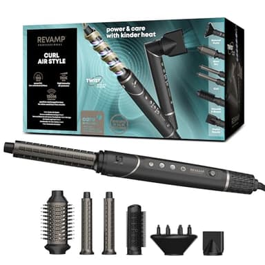REVAMP Curl Air Style 7 in 1 Ionic Hot Air Styler – Hair Dryer Brush with Digital Brushless Motor, 6 Styling Attachments - Curl Wrap Barrels, Paddle Brush, Concentrator, Curl Diffuser, Storage Bag
