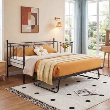 Panana Black 3FT Single Metal Frame with Under Bed Guest Trundle Bed For Adults & Kids (Black, Daybed+Trundle)