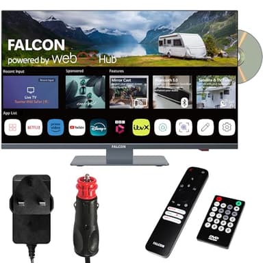 Falcon 24 inch TV WebOS SMART TV Wifi Camping – 12V/24V, Integrated DVD Player, Bluetooth 5.0, USB, Streaming, Freeview, Netflix, Prime Video, pitch perfect Television for Campervan, Motorhome IPTV
