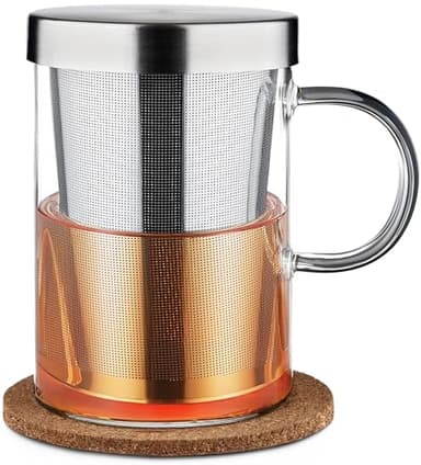 Cosumy Tea Cup with Infuser and Lid - Glass Tea Cup with Infuser and Lid - Large Tea Mug in Borosilicate Glass with Natural Cork Coaster - Fine-Mesh Filter 400ml