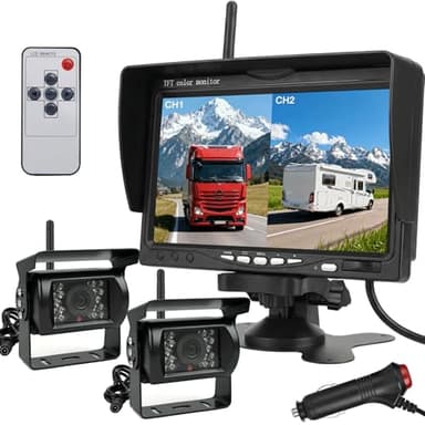 1080P Digital Wireless Reversing Camera System, 7" Split Screen Monitor with 2x IR Night Vision Waterproof Rear View Backup Reverse Camera for Truck/Trailer/Motorhome/Van/Camper 12V-36V