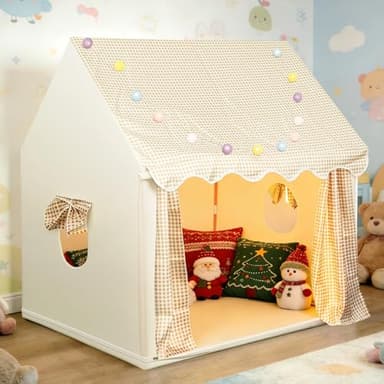 eSynic Kids Indoor Playhouse Tent with Lights & Windows Easy Set Up in 10 Mins Large Portable Play Tents for Toddlers with Metal Frame Kid Den Toy House Gift for 3-12 years old - 120Lx100Wx130L cm