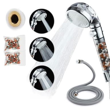 Pimaja Ionic Shower Head with Hose, High Pressure Mineral Shower Head with Beads Filter for Hard Water,4-Mode,Removable to Prevent Blockage,with Hose and Replaceable Mineral Stone Beads