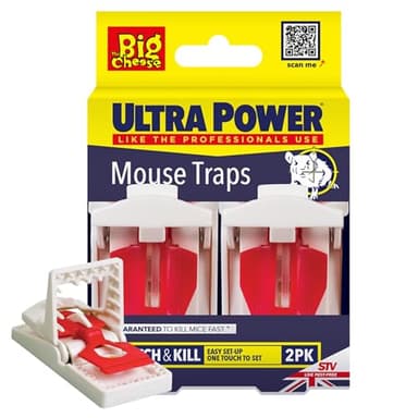 The Big Cheese Ultra Power Ready-Baited Mouse Trap - Twin Pack - Reusable Mouse Traps For Indoor & Outdoor Use - Humane Mouse-Trap - Easy to Clean Plastic Mice Trap - Prebaited Rodent Trap