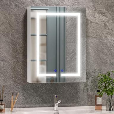 BELIWIN Bathroom Mirror Cabinet 500 x 660 mm with LED Lights, Touch Control, 3 Colour Dimmable Illuminated Mirror, Demister Pad & Shaver Socket