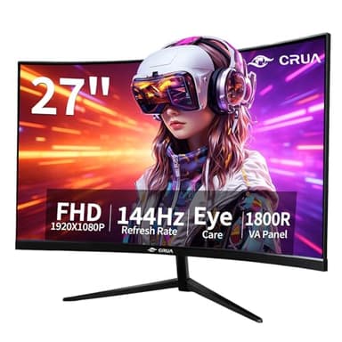 CRUA 27 Inch Curved Monitor 1080P Full HD, 100Hz/120Hz/144Hz Computer Screen with HDMI VGA, Eye Care, Tilt Adjustable, for Gaming and Office Use