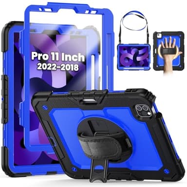 SEYMCY Case for iPad Air 5th/4th Generation 10.9 inch 2022/2020, Full-body Shockproof with Screen Protector, 360° Rotating Stand & Hand Strap, Carrying Strap, Pencil Slot, Blue