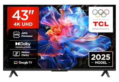 TCL 43V6C-UK 43” Direct LED TV, 4K HDR TV, Smart TV Powered by Google TV (Dolby Vision & Atmos, Motion clarity, compatible with Google Assistant & Alexa)