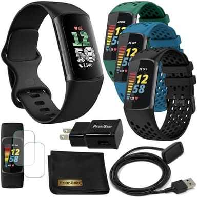 Fitbit Charge 6 Fitness Tracker Watch with Google apps (Black) Bundle with PremGear 3 Silicone Comfortable Watch Bands, 3foot Charge Cable, Adapter, Screen Shields & Cloth