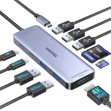 USB C Hub Multiport Adapter, Melelink 10-in-1 USBC Hub 4K@60Hz HDMI, USBC Dock with 6 USB Data Ports, 100W PD, SD/TF, USB-C Splitter Aluminum Type C Dongle for Macbook Air Pro,Dell,HP,Lenovo and More