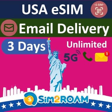 USA Travel eSIM, uses T-Mobile Network | 3 Days Unlimited 5G Data in USA (incl. Hawaii) | Low-Speed Data in Canada & Mexico | Unlimited Calls & Texts | USA Native eSIM | Instant Email Delivery