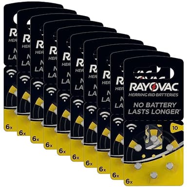 Rayovac Acoustic Zinc Air Hearing Aid Batteries, Size 10 AU, Yellow Tab, Pack of 60